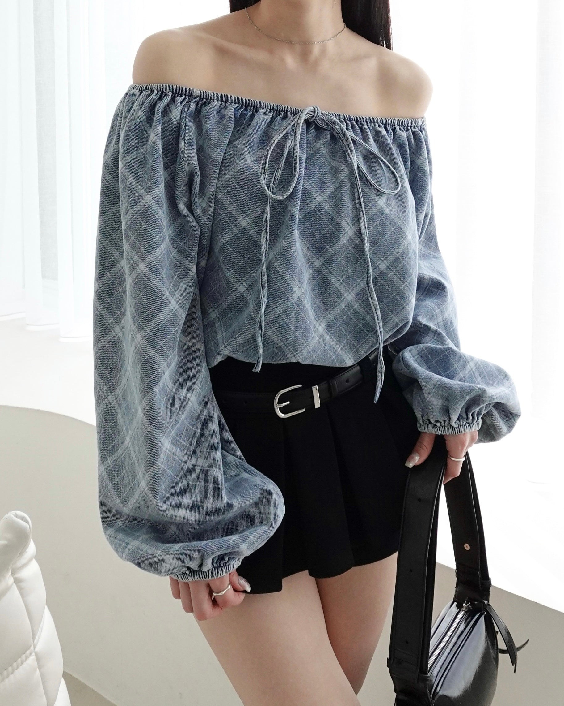 チェックデニムオフショルトップス – menot