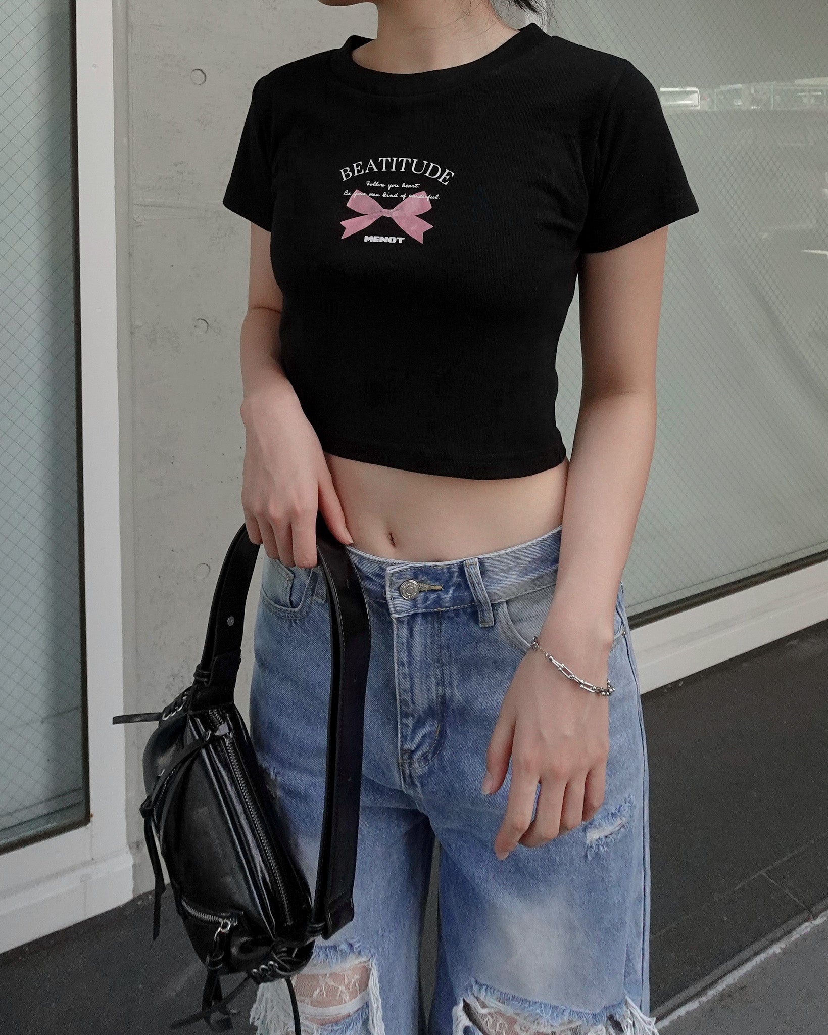 MOF ラビット×リボン プリント ミニTシャツ ブラック MOF ラビット×リボン プリント ミニTシャツ ブラックの通販 by Uturi