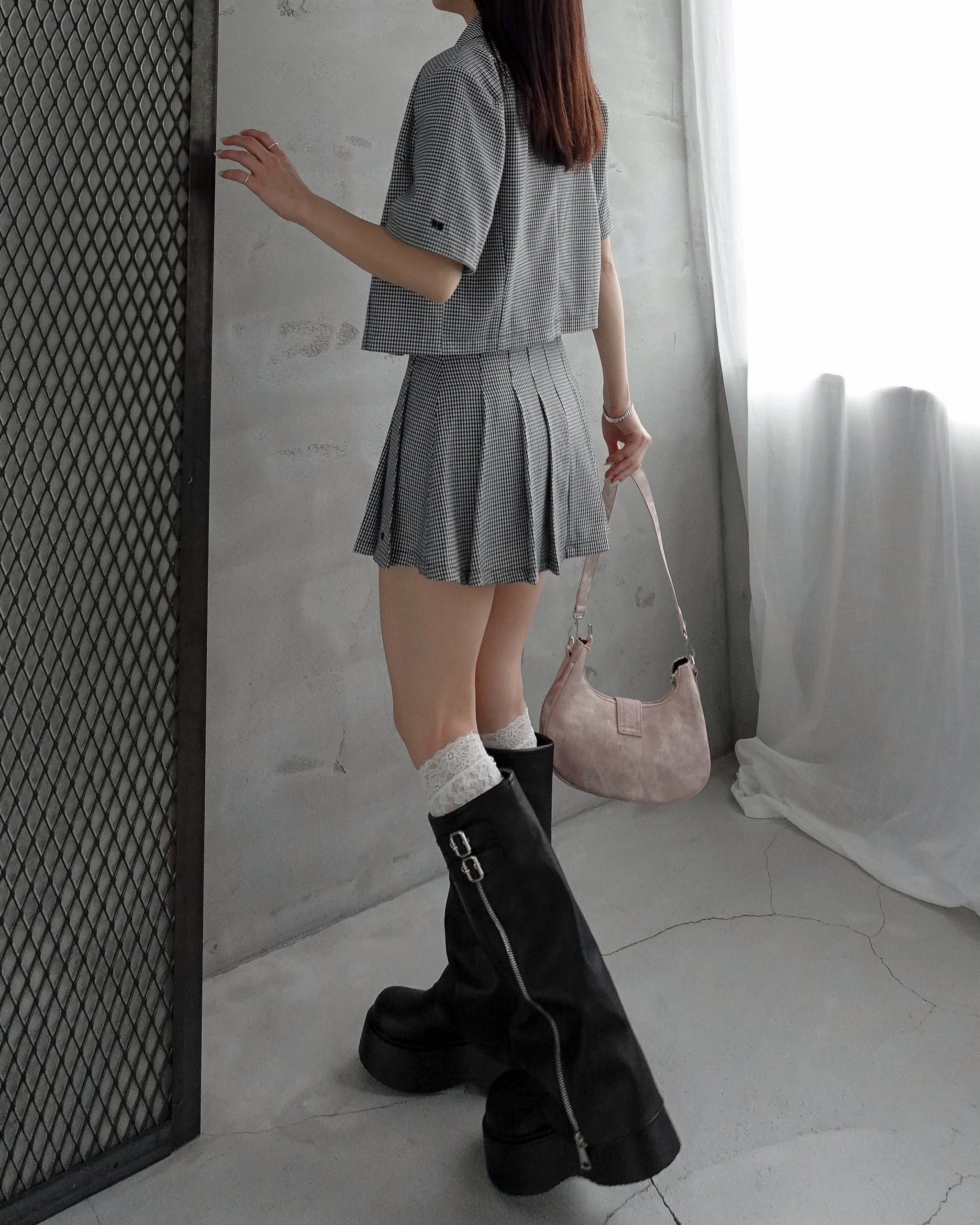 MENOT ダークグレー プリーツスカート プリーツミニスカートセットアップ – menot