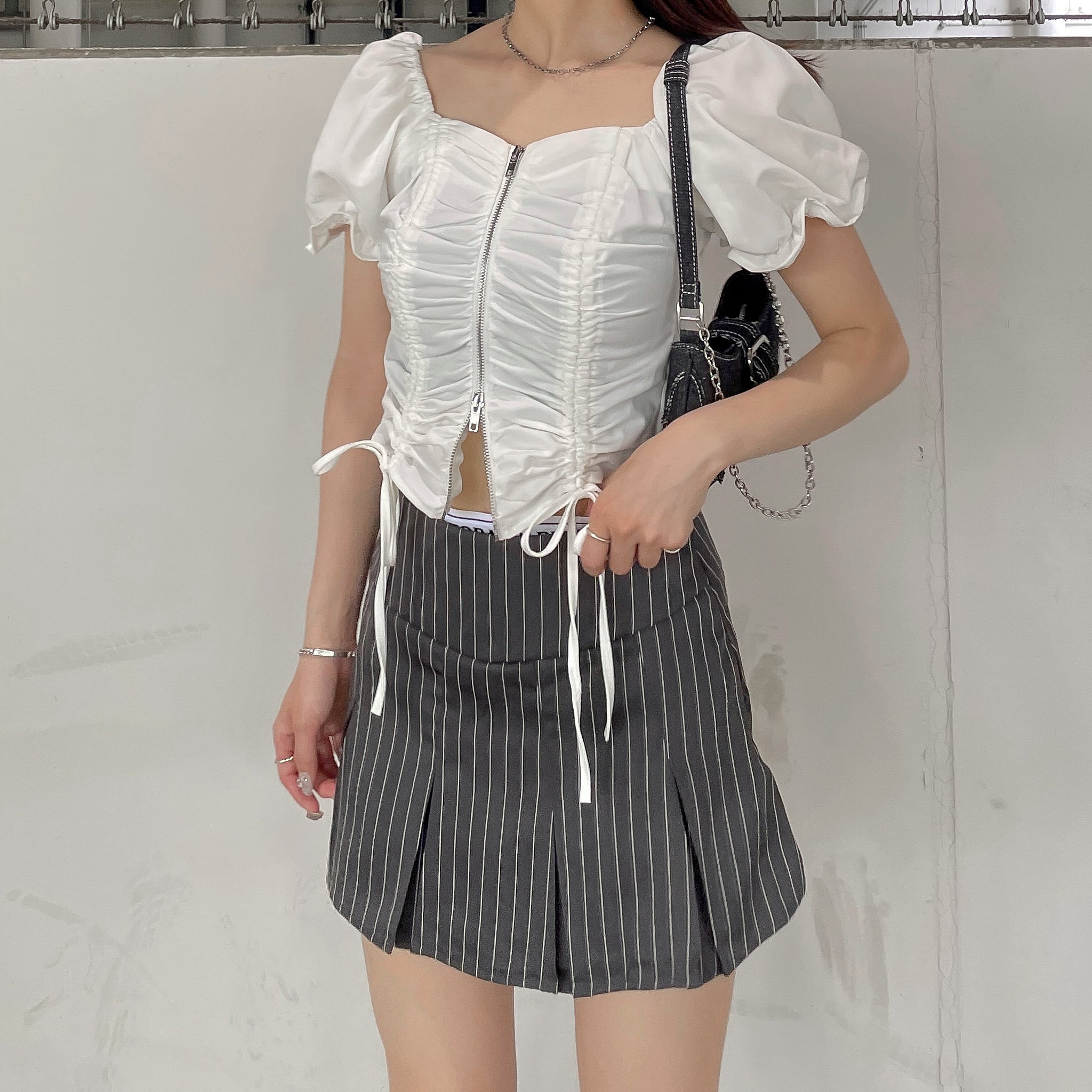 ダブルウエストストライププリーツミニスカート – menot