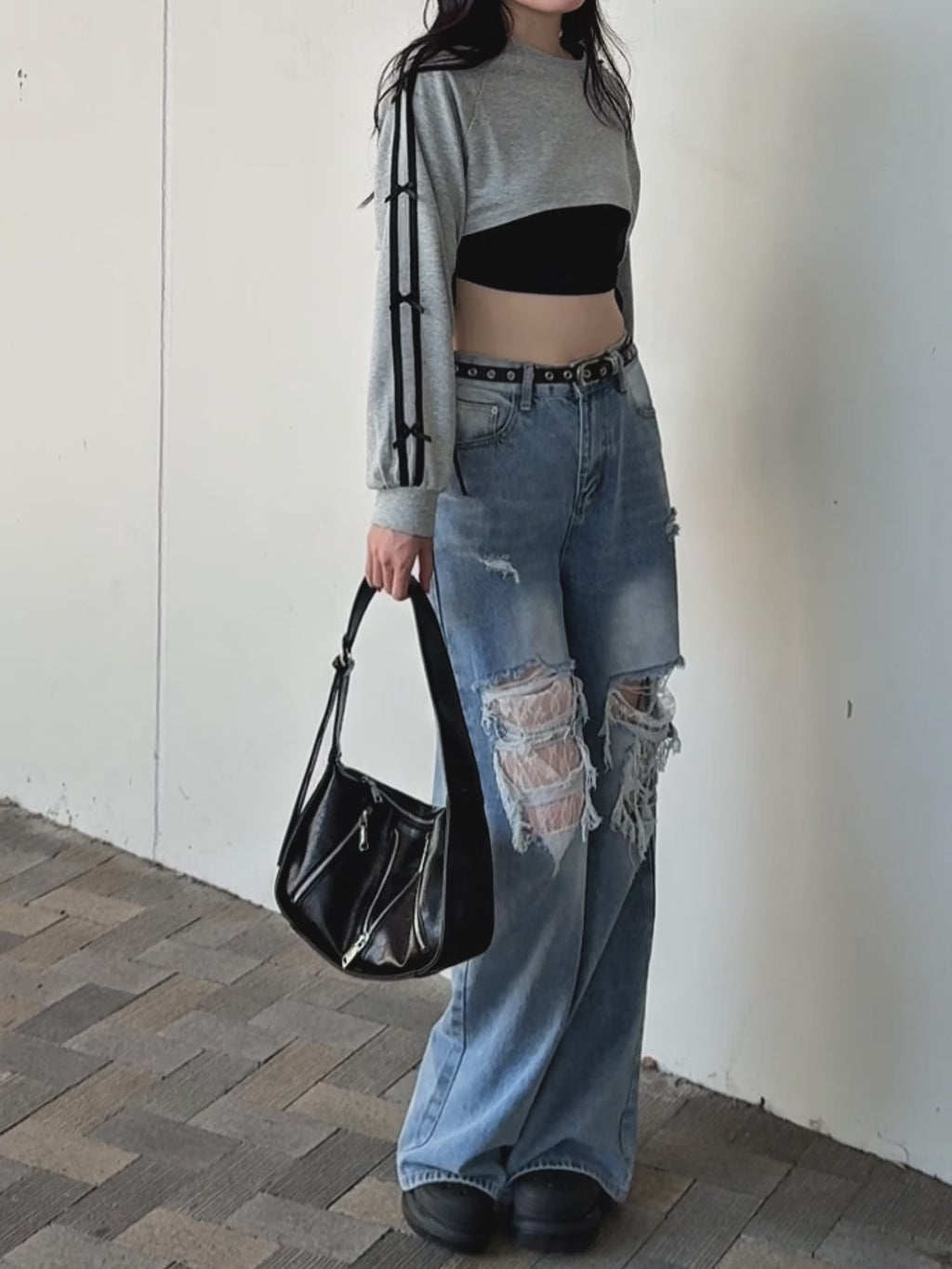ユキ★ESSENTIAL レイヤードデザインリブトップス ブラック OUTLET】Roxy RISE & VIBE RIB LS クロップド丈 トップス